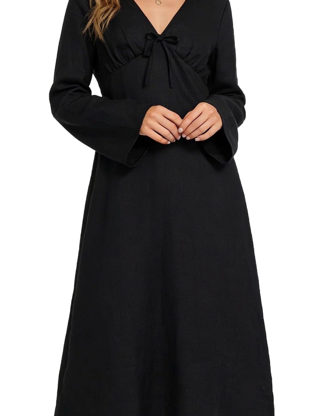 Amazhiyu 100% Linen Black Midi Dress Long Sleeve V Neck Tie Waist Medium NWOT